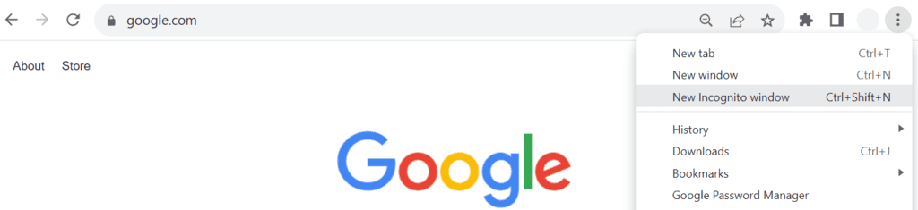 Il menu Nuova finestra di navigazione in incognito del browser Chrome evidenziato
