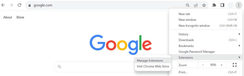 I menu Estensioni e Gestisci estensioni del browser Chrome evidenziati
