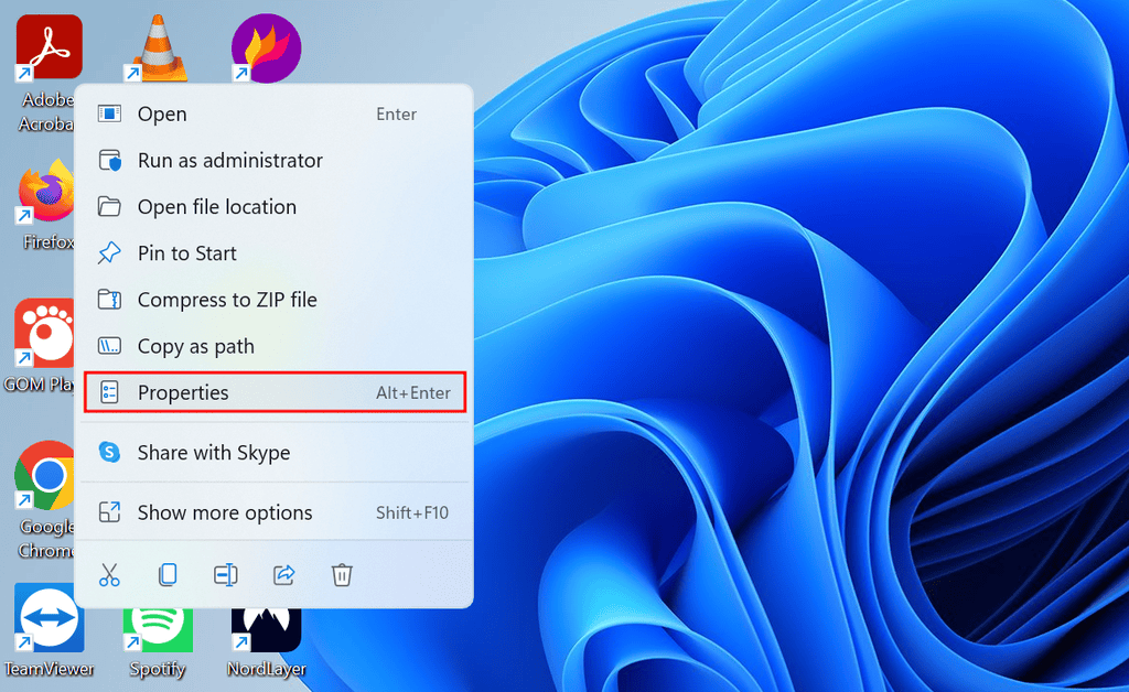 Il menu Proprietà del browser Chrome evidenziato

