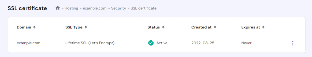Installazione del certificato SSL di hPanels completata
