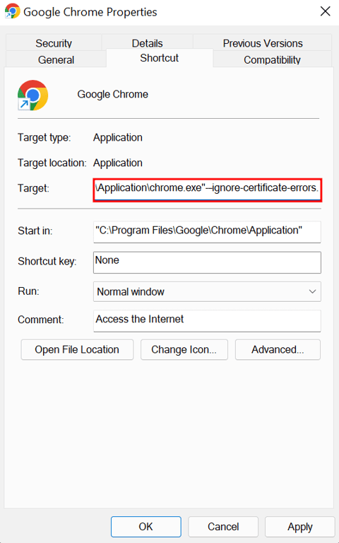 Il campo Target nelle Proprietà di Google Chrome
