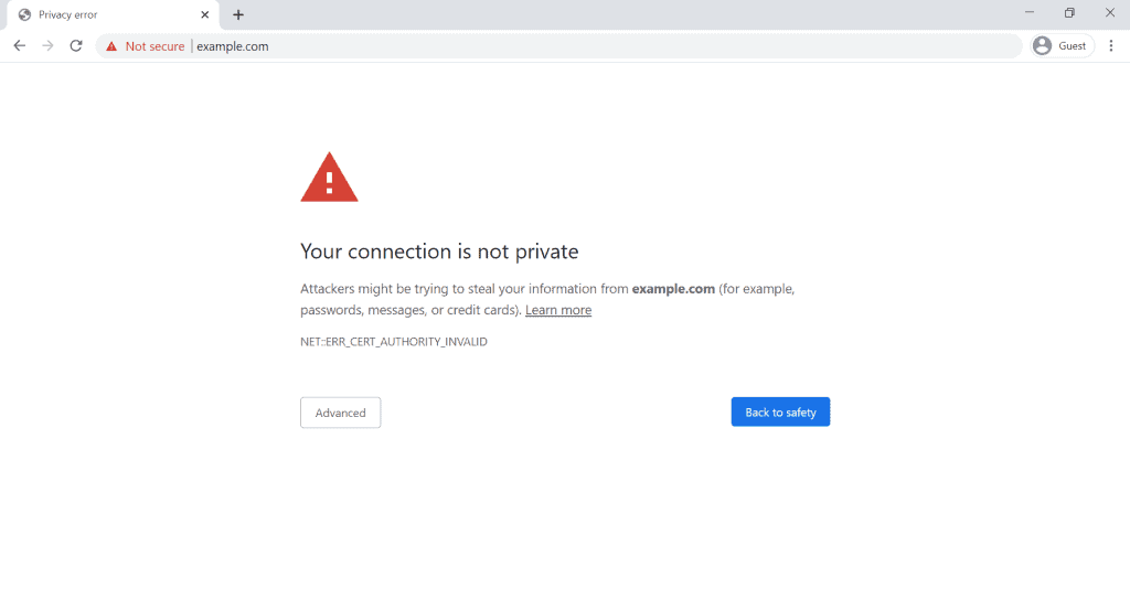 La casella "La tua connessione non è privata" messaggio di errore sul browser Chrome
