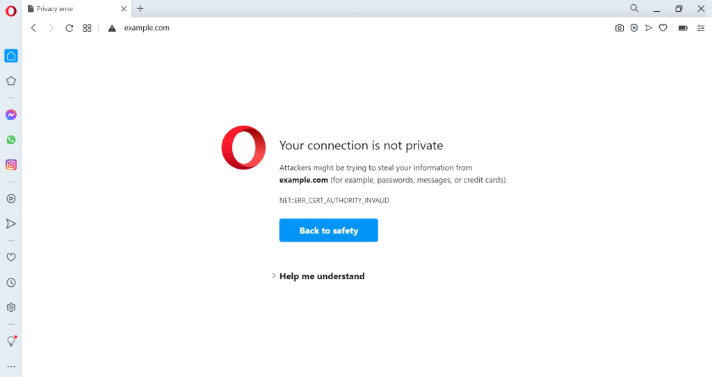 "La tua connessione non è privata"variazione sul browser Opera
