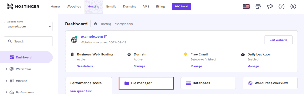 Dashboard di hPanel con File manager evidenziato
