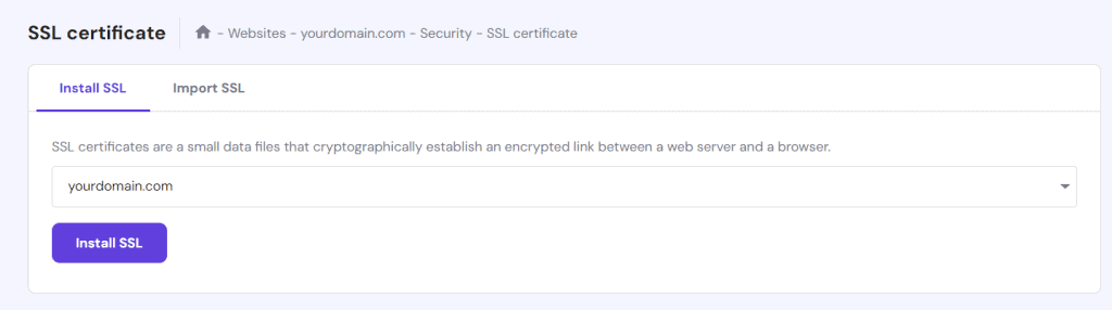 La funzione di installazione del certificato SSL in hPanel
