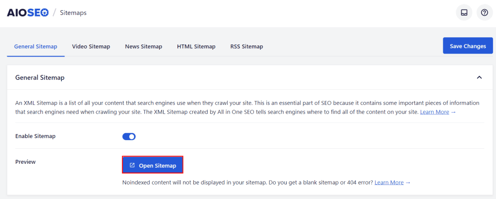 Le impostazioni della Sitemap generale nella dashboard di AIOSEO
