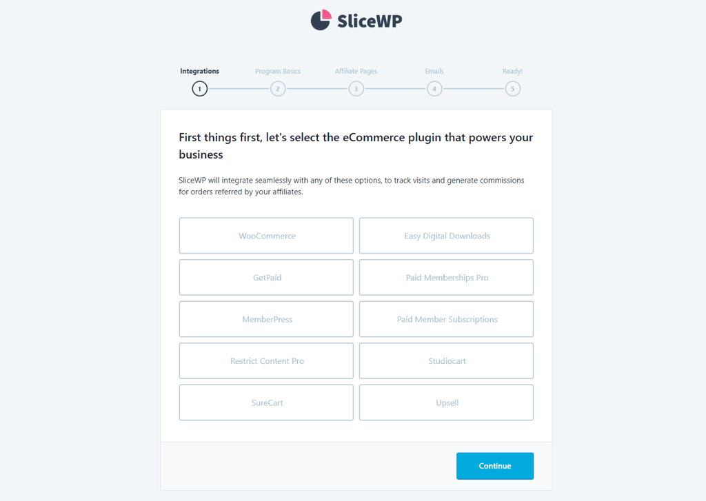 La pagina di selezione dell'e-commerce nella procedura guidata di configurazione iniziale di SliceWP