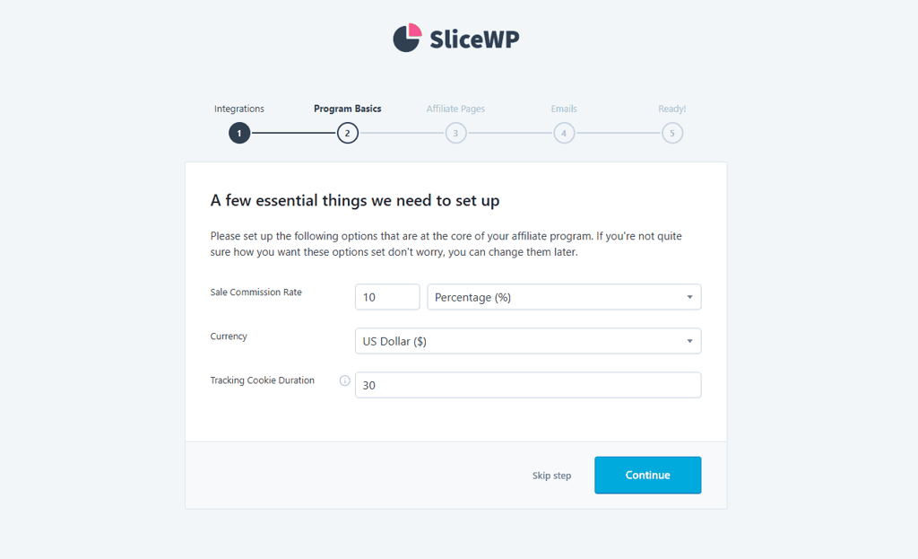 La pagina di configurazione della commissione nella procedura guidata di configurazione iniziale di SliceWP