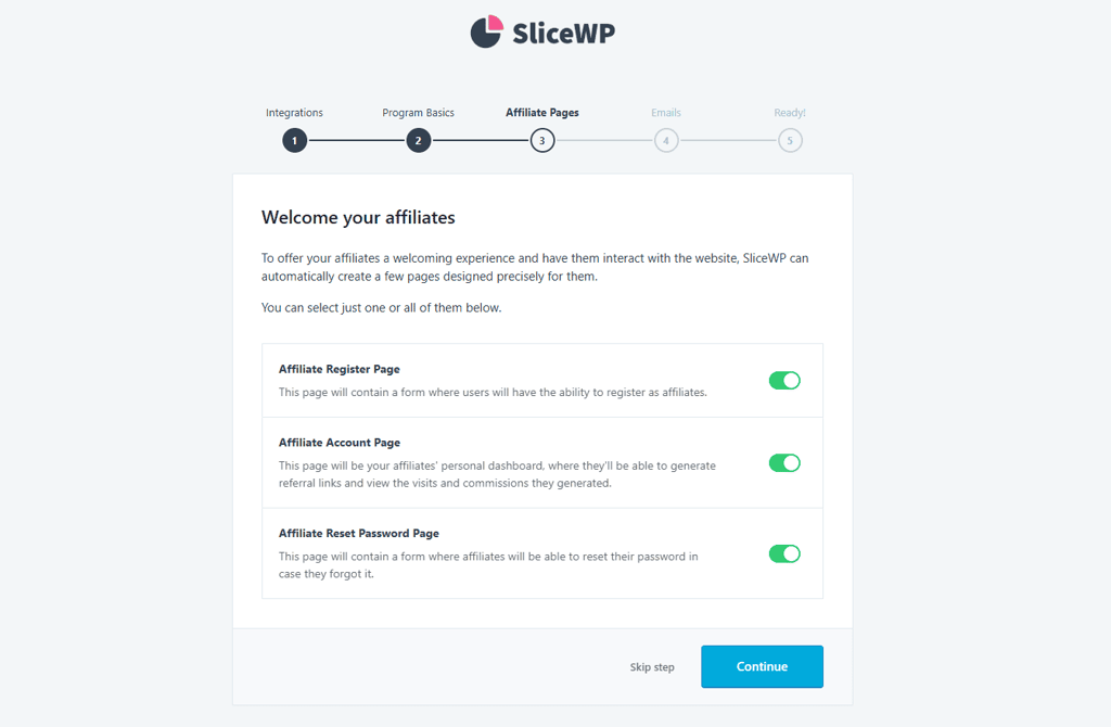 La pagina di creazione delle pagine affiliate nella procedura guidata di configurazione iniziale di SliceWP