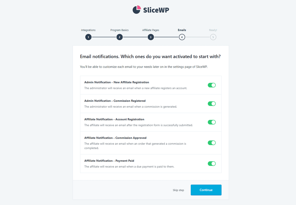 La pagina delle impostazioni di notifica email nella procedura guidata di configurazione iniziale di SliceWP
