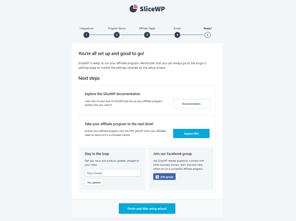 La pagina finale della procedura guidata di configurazione iniziale di SliceWP
