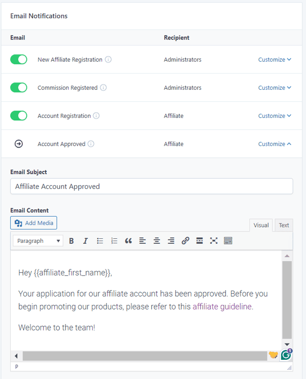 La sezione di personalizzazione del messaggio di notifica email nelle impostazioni di SliceWP
