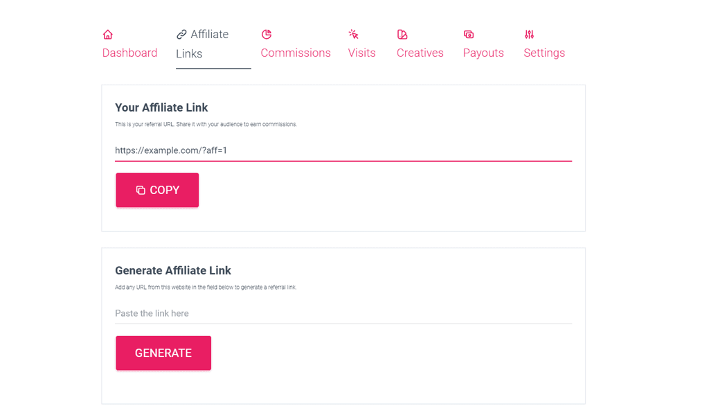 La scheda Link di affiliazione nell'area dashboard affiliati di SliceWP
