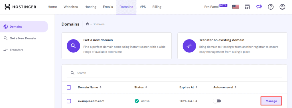 Menu Domini di hPanel con Gestisci evidenziato
