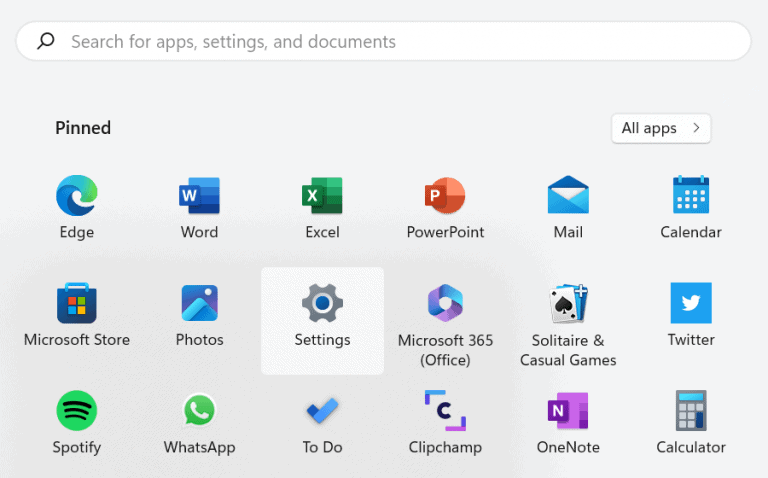 Menu Start di Windows con Impostazioni evidenziate
