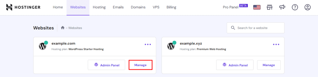 Menu sito web di hPanel con "Gestisci" evidenziato
