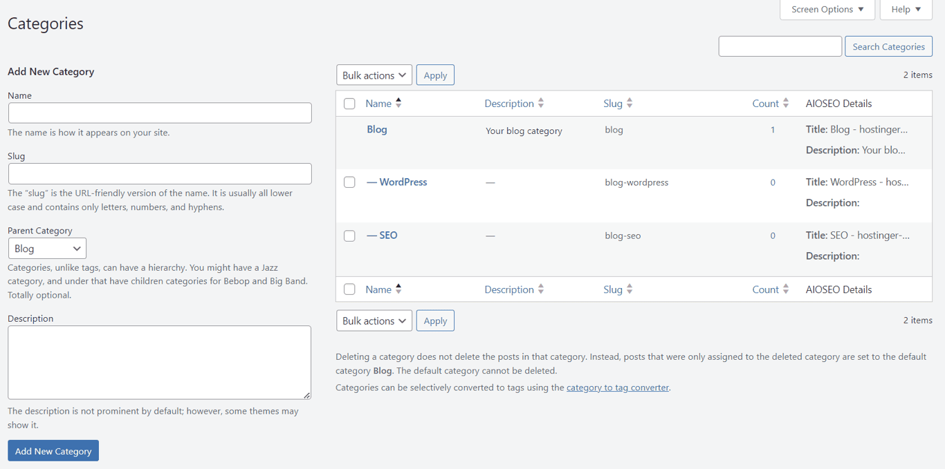 La sezione Categorie nella dashboard di WordPress