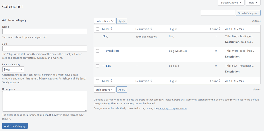 La sezione Categorie nella dashboard di WordPress