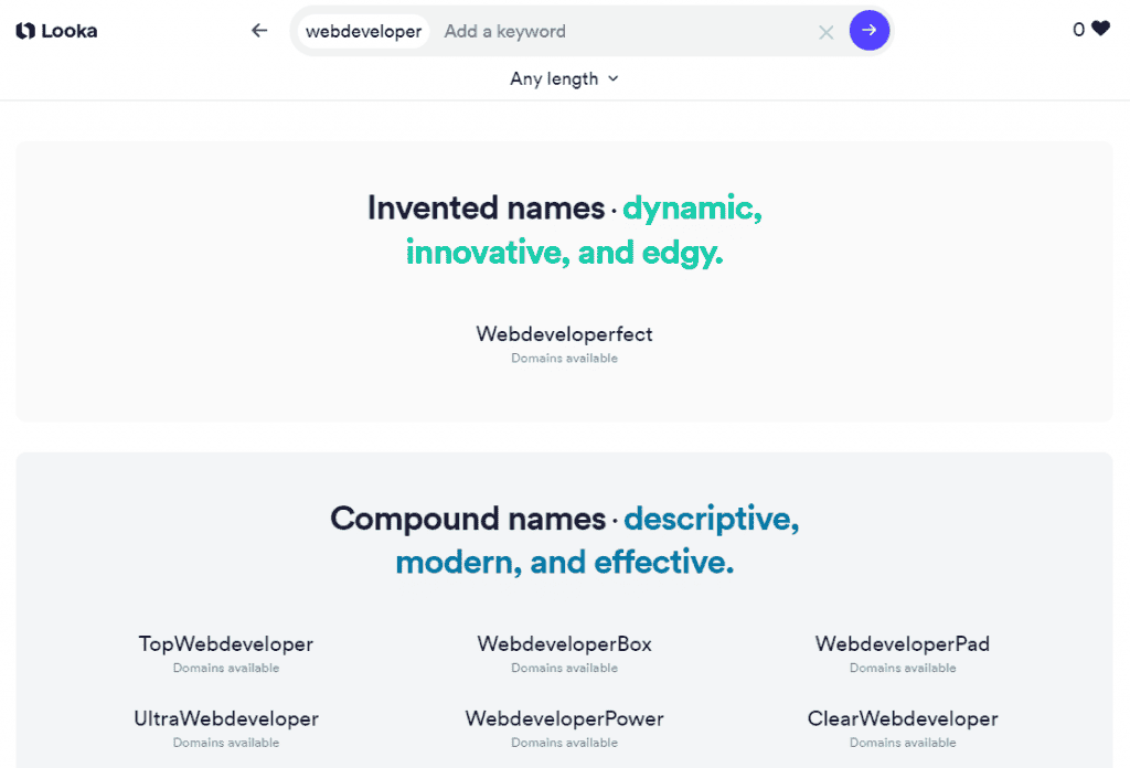 Pagina dei risultati del generatore di nomi aziendali Looka