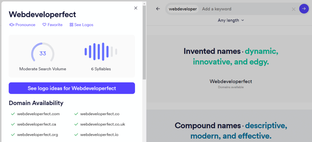 Dettagli del nome di dominio, che mostrano il volume di ricerca, le sillabe e la disponibilità in altre estensioni.
