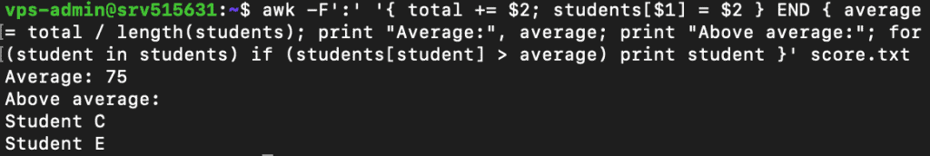 awk stampa il punteggio medio e gli studenti con il punteggio pi&ugrave; alto della media