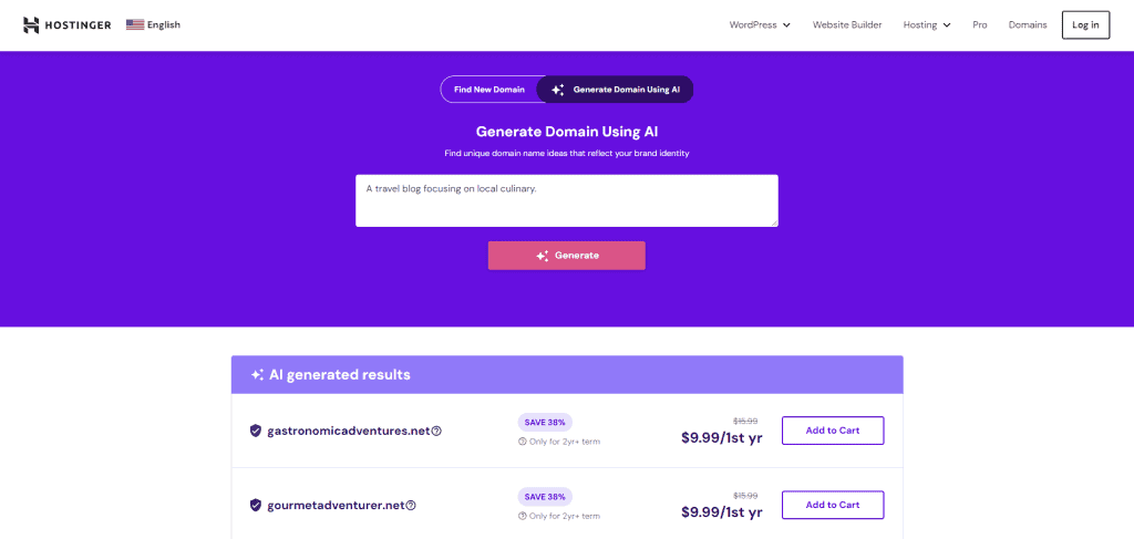 Strumento di verifica del nome di dominio di Hostinger