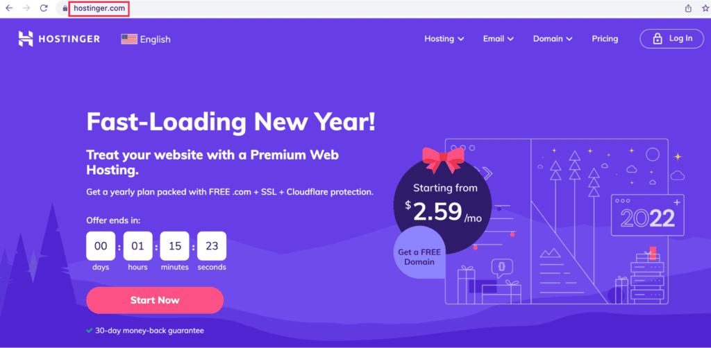 La homepage di Hostinger. Il nome di dominio hostinger.com è messo in evidenza.
