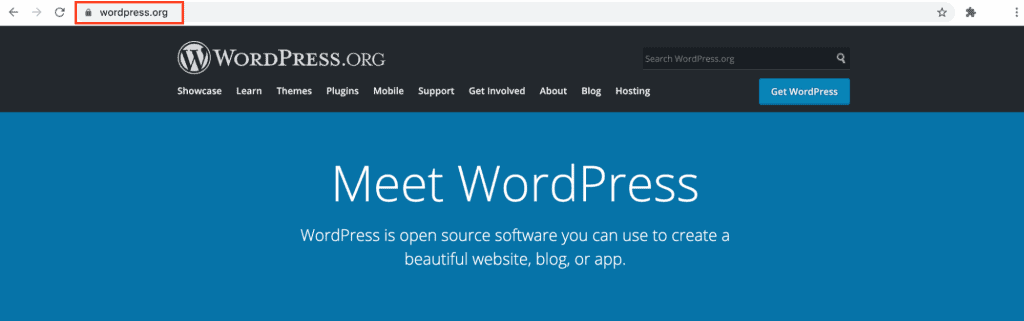 La homepage di WordPress, che evidenzia il suo dominio: wordpress.org