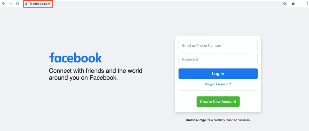 La homepage di Facebook. Il dominio facebook.com è messo in evidenza.
