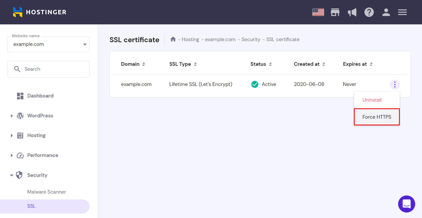 Selezionare Forza HTTPS su un dominio nella pagina Sicurezza di hPanel