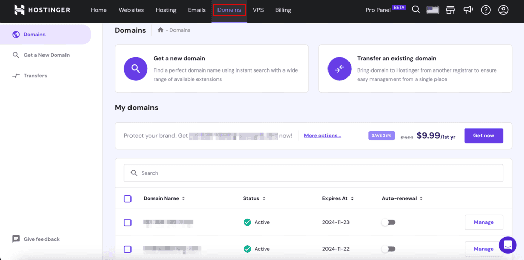 Sezione "I miei domini" su hPanel