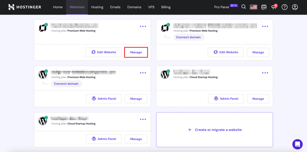 Sezione Siti web di hPanel