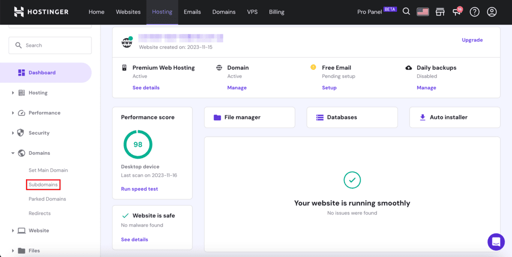 Sezione di gestione del sito web Hostinger su hPanel