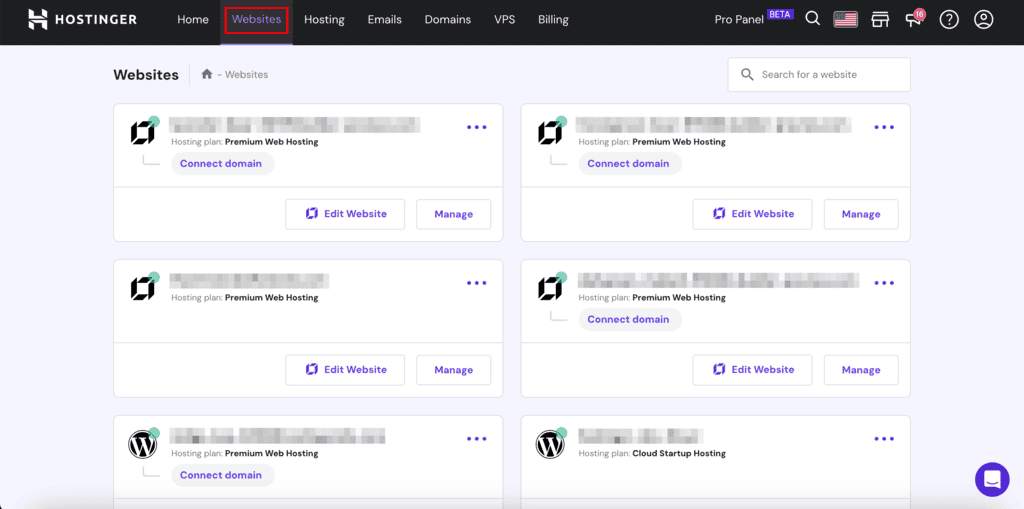 Sezione Siti web di Hostinger hPanel