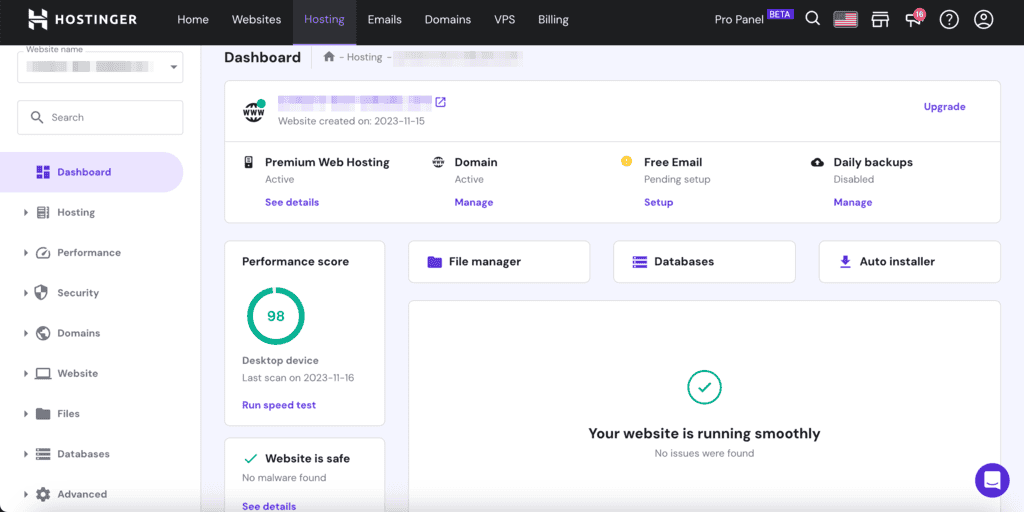 Dashboard di hPanel di Hostinger