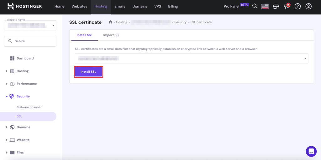 Sezione del certificato SSL hPanel