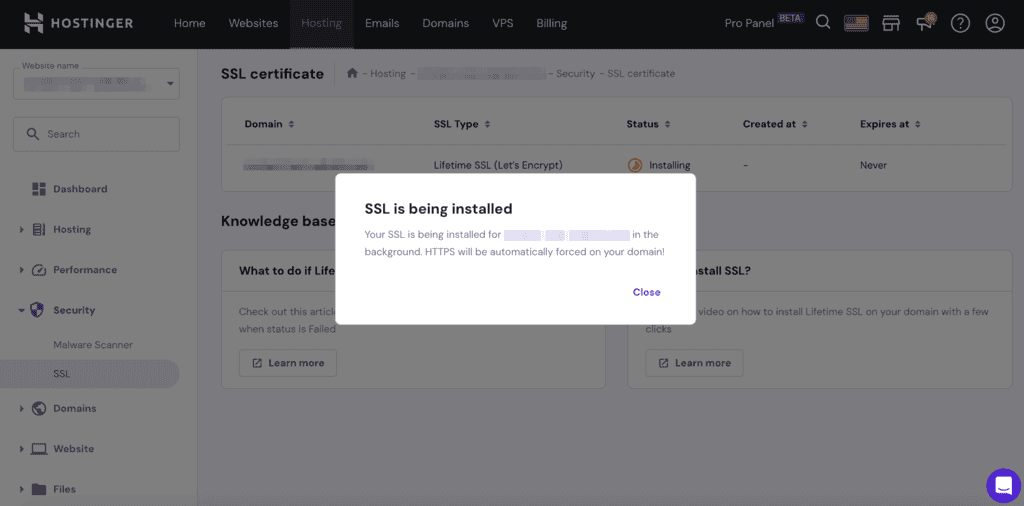 Avviso di installazione SSL su hPanel