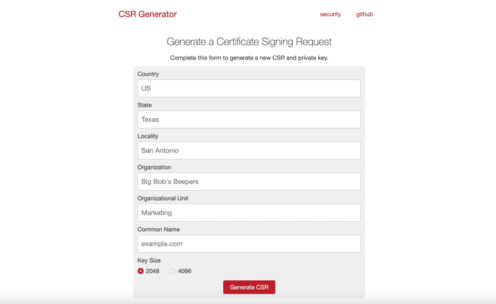 Homepage di CSR Generator