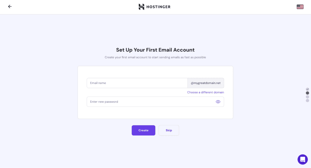 Schermata di configurazione dell'email aziendale nel processo di onboarding per l'email di Hostinger