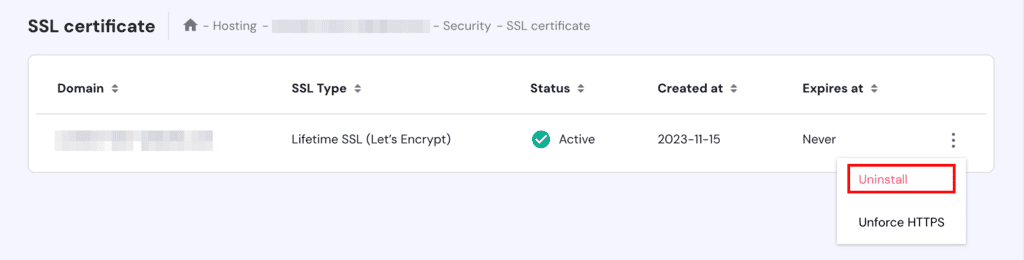 Opzione di disinstallazione SSL