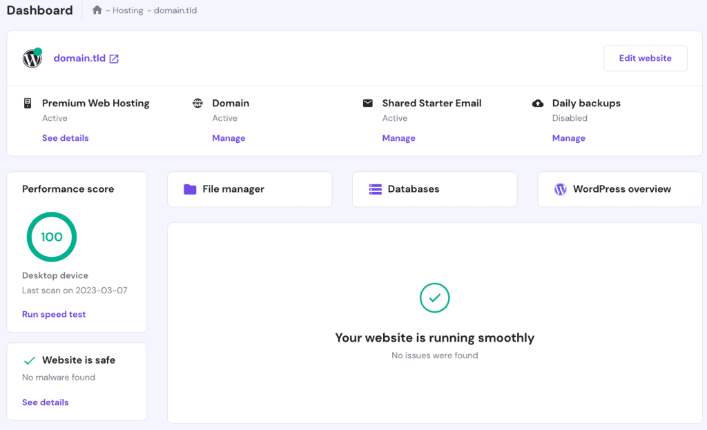 La pagina della dashboard di hPanel