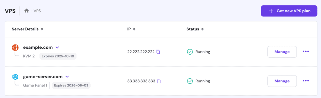 Lista dei piani di VPS nell'hPanel