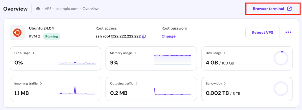 Il pulsante del browser del terminal nella panoramica del VPS dell'hPanel