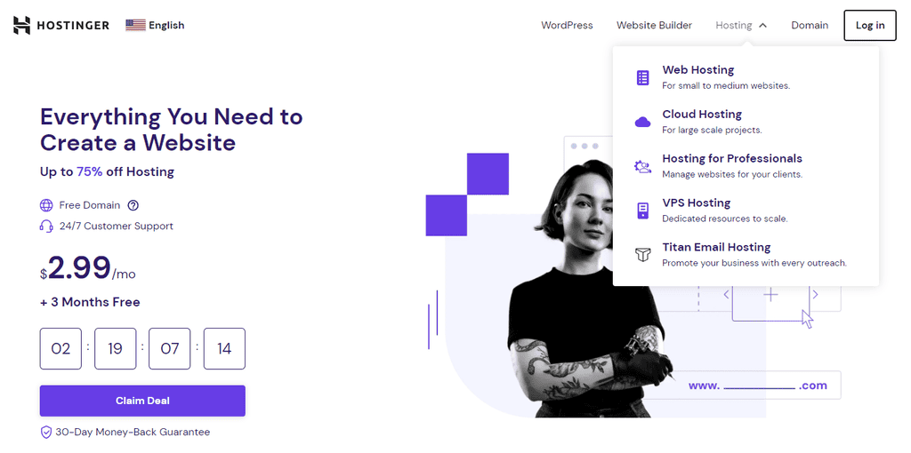 Un menu a discesa sulla homepage di Hostinger che include diversi tipi di hosting che il web host offre