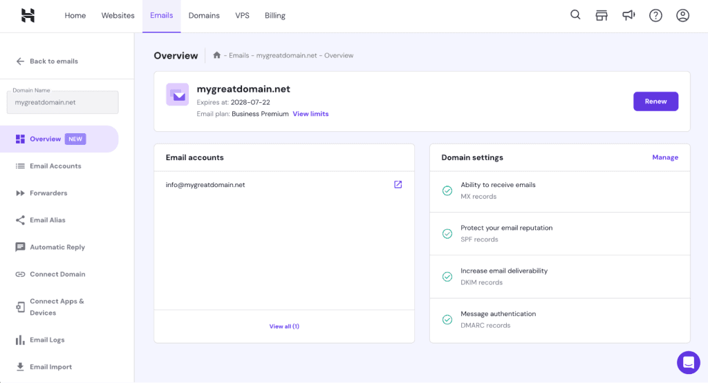La scheda Panoramica nella sezione Email di hPanel