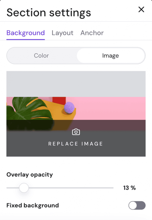 impostazioni della sezione del website builder