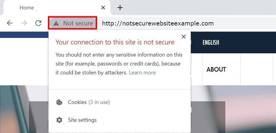 Esempio di un sito web HTTP non sicuro