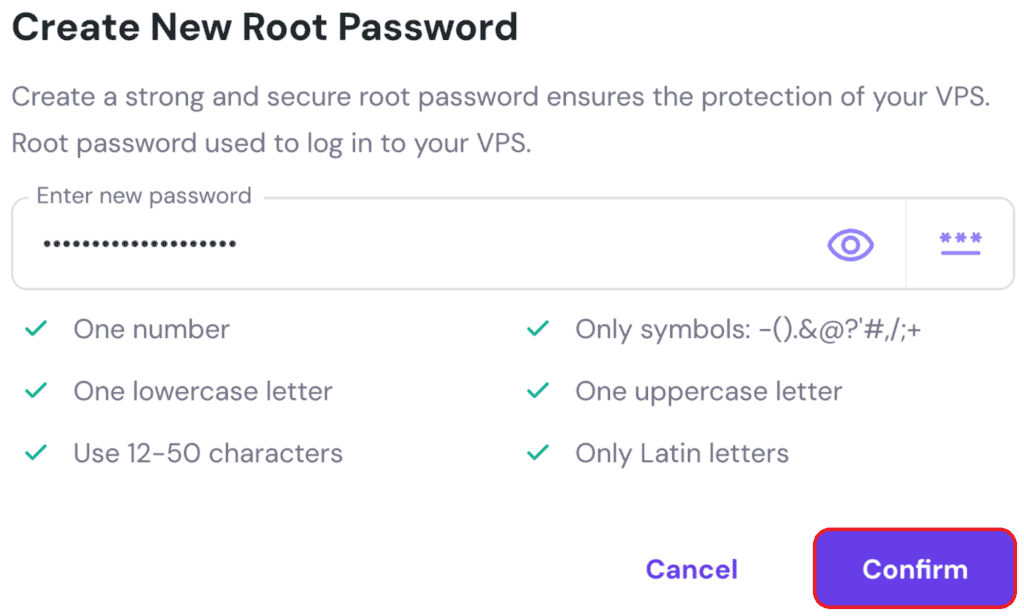 Screen della creazione di una nuova password del root