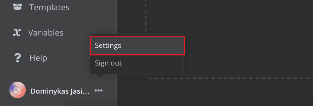 Selettore di dialogo visualizzato accanto al nome utente con le impostazioni evidenziate