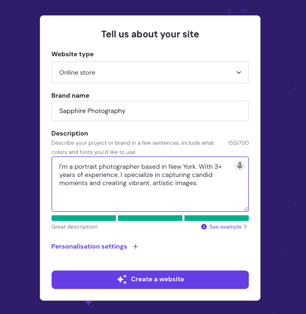 Riquadro dei prompt del website builder con AI di Hostinger